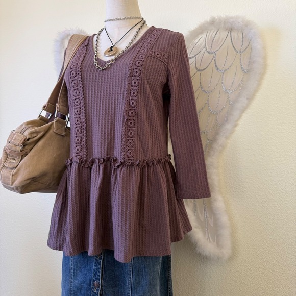 Mori Girl Waffle Knit Peplum Top Purple Mauve Long Sleeve V-Neck Ruffle Babydoll - Picture 3 of 8